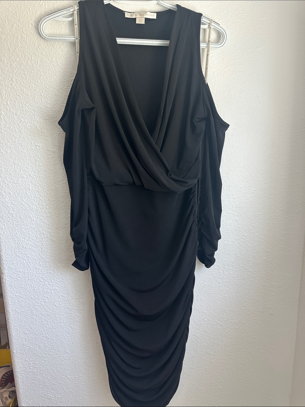 Boston Proper Black Cold-Shoulder Draped Midi Dress
